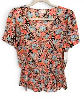SO Floral V-Neck Peplum Blouse in Coral, Light Blue & Black Size L